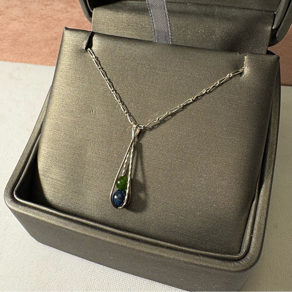 Sterling Silver Cage Necklace with Lapis & Jade Stones